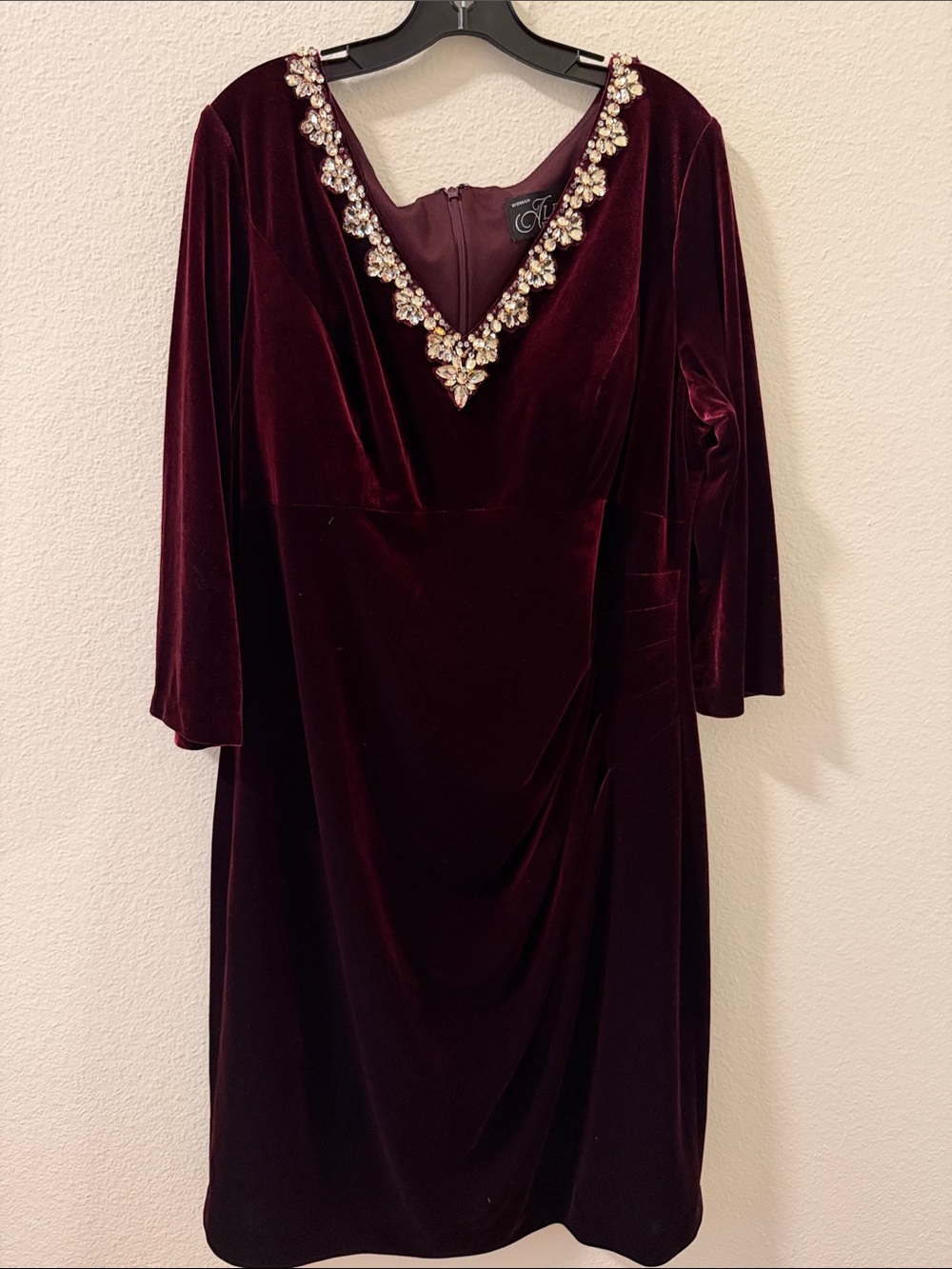 Alex Evenings Burgundy Velvet V-Neck Dress with Crystal Neckline